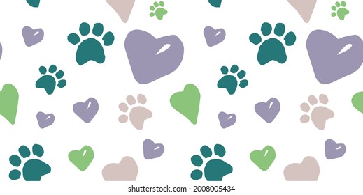 seamless doodle pattern with dog footprints, hearts, lettering of the word dog, lettering of the word woof