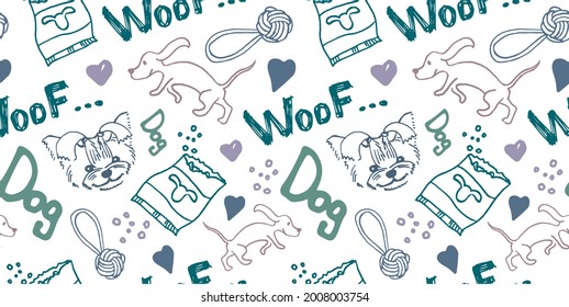 patrón de doodle impecable con perros, huellas y otros artículos sobre el tema de un cachorro, grooming, medicina veterinaria. Un patrón con colores de moda sobre una mascota