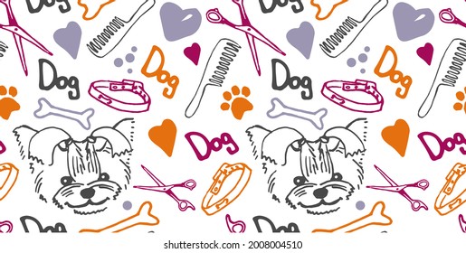 seamless doodle pattern with dogs, footprints and other items on the topic of a puppy, grooming, veterinary medicine. A pattern with fashionable colors about a pet
