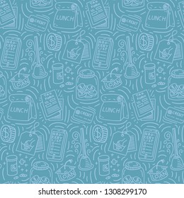 Seamless doodle pattern with dollar coin, insurance, student loan, credit, tax form, saving money, lunch bag, laundry tag, plunger, grocery list. Young adult  concept. Website or app background