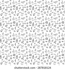 Seamless doodle pattern with elements of leisure travel, vector illustration hand drawn, including suitcase, clothes, drinks and ice cream, airplane, and also the inscription