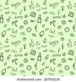 Seamless doodle pattern with elements of leisure travel, vector illustration hand drawn, including suitcase, clothes, drinks and ice cream, airplane, and also the inscription