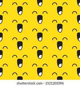 Seamless doodle pattern with face emoji smile, sad, hungry, funny face illustration. Line art vector pattern isolated on yellow background. Vector for home wallpaper, wall decoration and book cover.