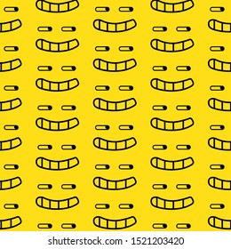 Seamless doodle pattern with face emoji smile, sad, hungry, funny face illustration. Line art vector pattern isolated on yellow background. Vector for home wallpaper, wall decoration and book cover.