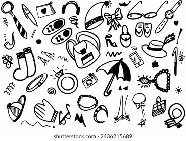 seamless doodle pattern with fashion accessories. Necktie, woman bag, bow, pipe, umbrella, cap, hat, eye glasses, eyewear, necklaces, earrings, shoes, ring, 