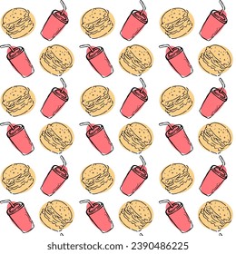 seamless doodle pattern -fast food hamburger drink