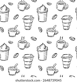 A seamless doodle pattern featuring coffee cups, hot drinks, and coffee beans, ideal for cozy cafe-related designs.