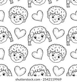 Seamless  doodle pattern featuring cute kids faces with hearts on white background.