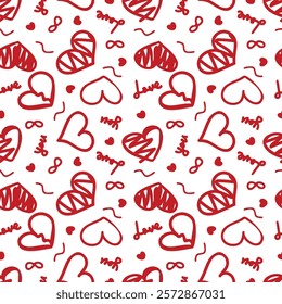 A seamless doodle pattern featuring hand-drawn hearts, the words love you, infinity symbols, and playful red scribbles