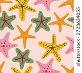 Seamless doodle pattern featuring starfish illustrations. Perfect for summer themes, kids designs, textiles, wallpapers, and playful backgrounds.