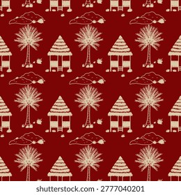 Seamless doodle pattern featuring traditional hut, coconut trees, hills atau rocks with grass. Pattern for wallpaper, fabric, clothing, or book covers.