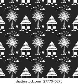 Seamless doodle pattern featuring traditional hut, coconut trees, hills atau rocks with grass. Pattern for wallpaper, fabric, clothing, or book covers.