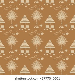 Seamless doodle pattern featuring traditional hut, coconut trees, hills atau rocks with grass. Pattern for wallpaper, fabric, clothing, or book covers.