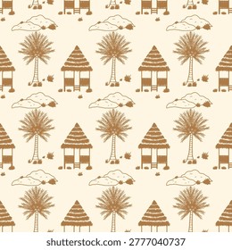 Seamless doodle pattern featuring traditional hut, coconut trees, hills atau rocks with grass. Pattern for wallpaper, fabric, clothing, or book covers.