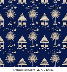 Seamless doodle pattern featuring traditional hut, coconut trees, hills atau rocks with grass. Pattern for wallpaper, fabric, clothing, or book covers.
