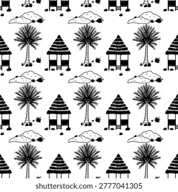 Seamless doodle pattern featuring traditional hut, coconut trees, hills atau rocks with grass. Pattern for wallpaper, fabric, clothing, or book covers.