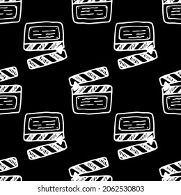 seamless doodle pattern with a firecracker from the movie. The hand-drawn firecracker for the movie is an isolated white outline geometrically arranged on a black background for a retro movie design 