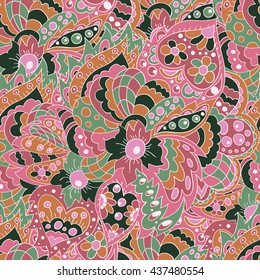 Seamless doodle pattern. Floral doodle wavy patterns. Cute background for textile, creativity and your design. Pink tones. Ethnic motives