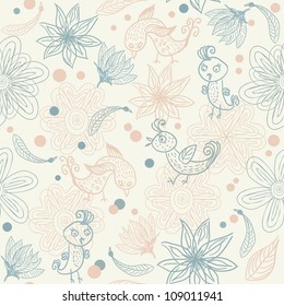 seamless doodle pattern with flowers and chickens