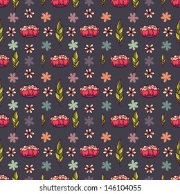 Seamless doodle pattern. Flowers and leaves. Seamless pattern can be used for wallpaper, textile, web page background, scrapbook, wrapping. 