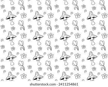 Seamless doodle pattern of fly agaric, mushrooms and flowers in black and white