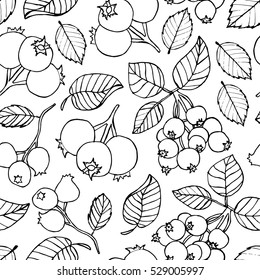 Seamless doodle pattern with forest berry and leaf