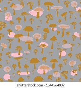 Seamless doodle pattern with forest mushrooms on a grey background. Beautiful autumn illustration in vector.