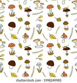 Seamless doodle pattern with forest mushrooms and autumn leaves and spruce branches. Hand drawn vector illustration for fabric, textile, banner etc