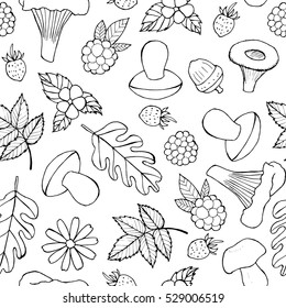 Seamless doodle pattern with forest mushrooms, berries, flowers and leaf