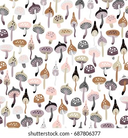 Seamless doodle pattern and forest mushrooms white background  Beautiful autumn illustration in vector 