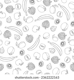 Seamless doodle pattern with fruits bananas, apples, apricot, plums and fig .
