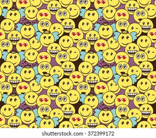 Seamless doodle pattern with fun positive emoticon expressions. Smile, wink, angel, surprised, in love, laugh smileys included