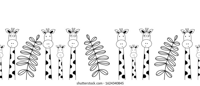 Seamless doodle pattern giraffes. Colorful vector drawing. Seamless texture. Decoration element. Monochrome illustration. Hand drawn background.