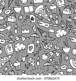 Seamless doodle pattern for girls. Funny textile pattern with painted objects. Outline drawing pattern with cosmetics and accessories. Funny pattern with accessories in plain gray background.