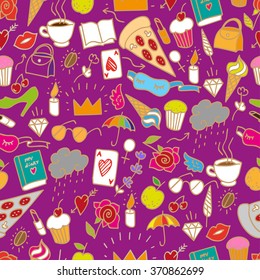 Seamless doodle pattern for girls. Funny textile pattern with painted objects. Outline drawing pattern with cosmetics and accessories. Funny pattern with accessories in plain purple background.
