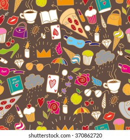 Seamless doodle pattern for girls. Funny textile pattern with painted objects. Outline drawing pattern with cosmetics and accessories. Funny pattern with accessories in plain brown background.