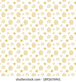 Seamless doodle pattern with gold cupcake and stars. Cute cartoon background for birthday, St. Valentine's, bakery