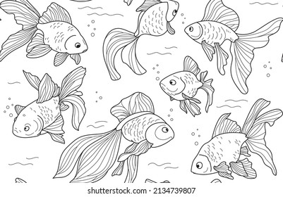 Seamless doodle pattern of golden fish. Black and white tropical fish background. Nautical silhouette. Set of isolated outline cartoon vector fish. Vector illustration. Wallpaper.