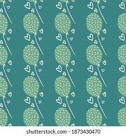 Nahtloses Dodle-Muster mit grünen Ballons mit Bindestrichen. Herzbeschreibungen. Dunkel-türkiser Hintergrund. Perfekt für Tapeten, Textilien, Wickelpapier, Stoffdruck. Vektorgrafik.