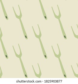 Seamless doodle pattern with green pale grill fork elements. Light pastel background. Acute cooking ornament. Great for wallpaper, textile, wrapping paper, fabric print. Vector illustration.