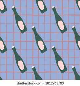 Seamless doodle pattern with hand drawn green bottles. Alcohol glass shapes on blue background with check. Designed for wallpaper, textile, wrapping paper, fabric print. Vector illustration.