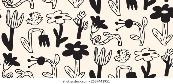 Seamless Doodle Pattern with Hand Drawn Flowers Tulips Cactus and Botanical Elements. Black Childlike Crayon Style Floral Composition. Vector Illustration.