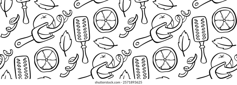 Seamless doodle pattern with hand-drawn bartender and culinary tools. lemon slices, leaves, graters, corkscrews, decorative spirals. Ideal for backgrounds and packaging. Vector outline illustration.