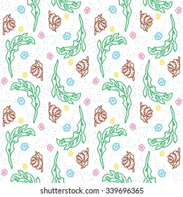 Seamless doodle pattern with hand-drawn brown snail, green leaf, light blue dots and yellow,pink and sky-blue flowers on white background.