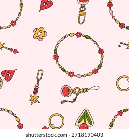 Patrón de garabatos sin fisuras con accesorios de joyería hechos a mano que incluyen pulseras, pendientes y llaveros. Ilustración vectorial para diseño de moda, proyectos artesanales, packaging y fondos decorativos.