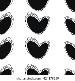 Seamless doodle pattern. Heart hand drawings. Background for creativity. Black and white