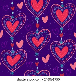 Seamless doodle pattern with hearts and beads connected by a thread on dark violet background. for wedding or saint valentines day card. seems like hand-drawing 
