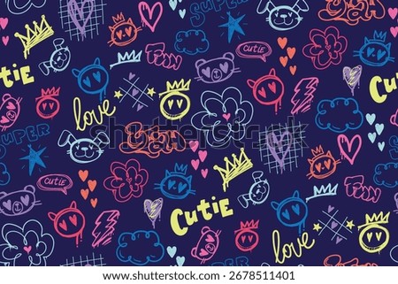 Seamless doodle pattern with hearts, crowns, cats, dogs, flowers, stars, clouds and graffiti words love, cutie, super, fun. Neon hand drawn elements on black background for kids and teen fashion.