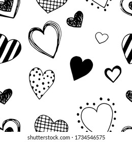 Patrón de doodle sin fisuras con corazones. Ilustración dibujada a mano para tarjetas, carteles, carteles, textiles y otros diseños.