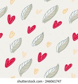 Seamless doodle pattern with hearts and leafs on beige texture paper background. for wedding or saint valentines day card. seems like hand-drawing 